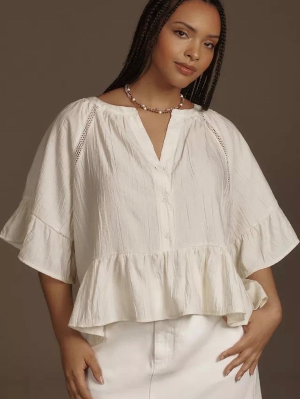 Anthropologie Ivory Boho Flutter Sleeve Peplum Blouse XS High Low Hem